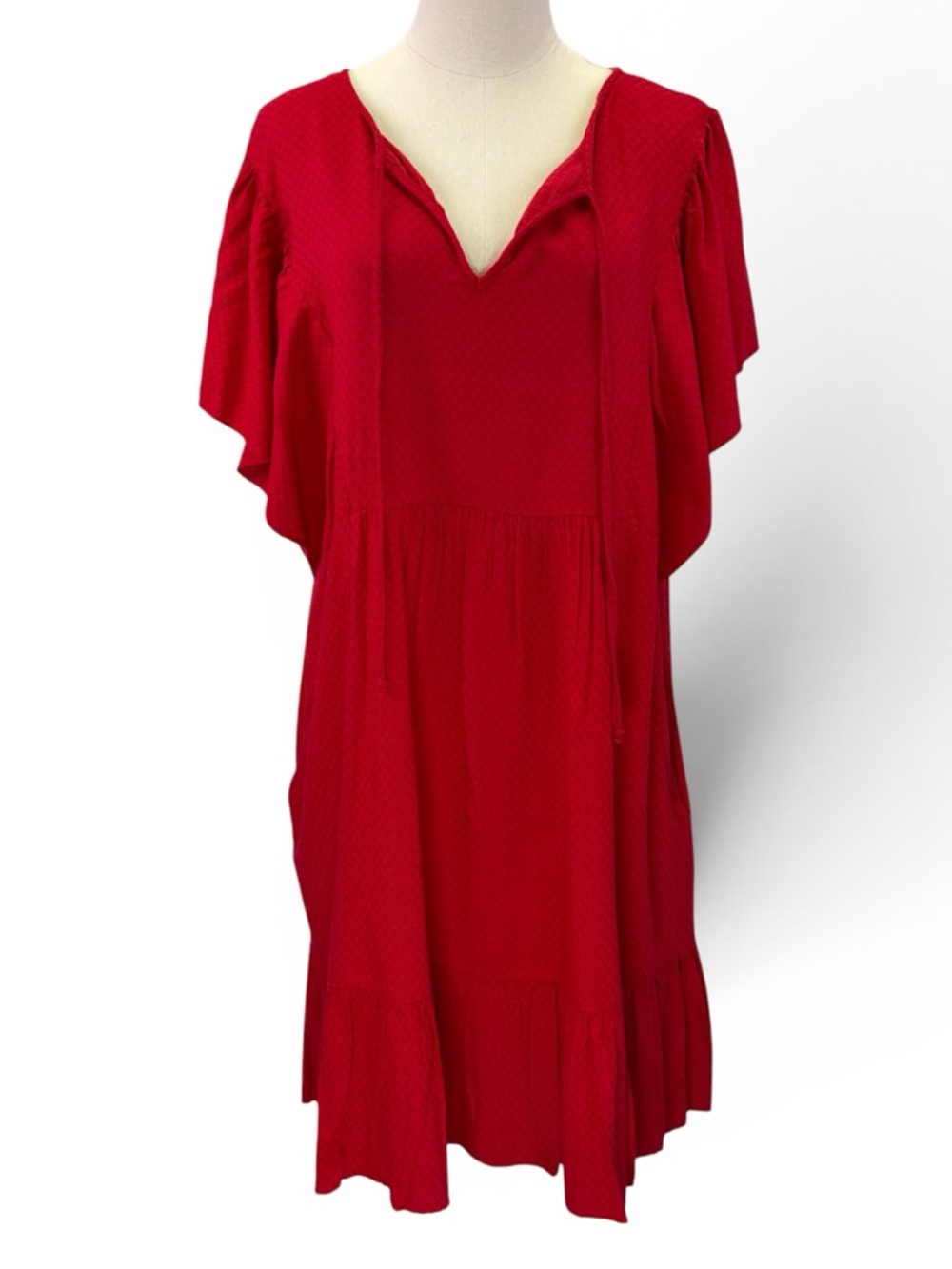 Knox Rose Red Flutter Sleeve Tie Neck Textured Top Babydoll Blouse Size 2XL